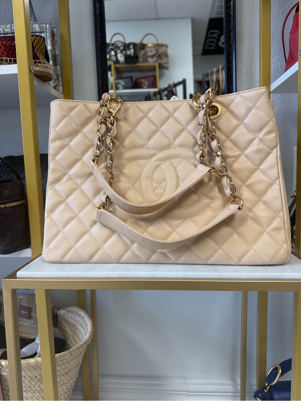 CHANEL Beige Quilted Shoulder Tote with Gold Chain Handles